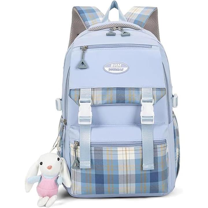 水色チェックリュック＆ぬいぐるみ キッズ リュック 軽量 大容量 チェック柄 女の子 男の子 通学 通塾