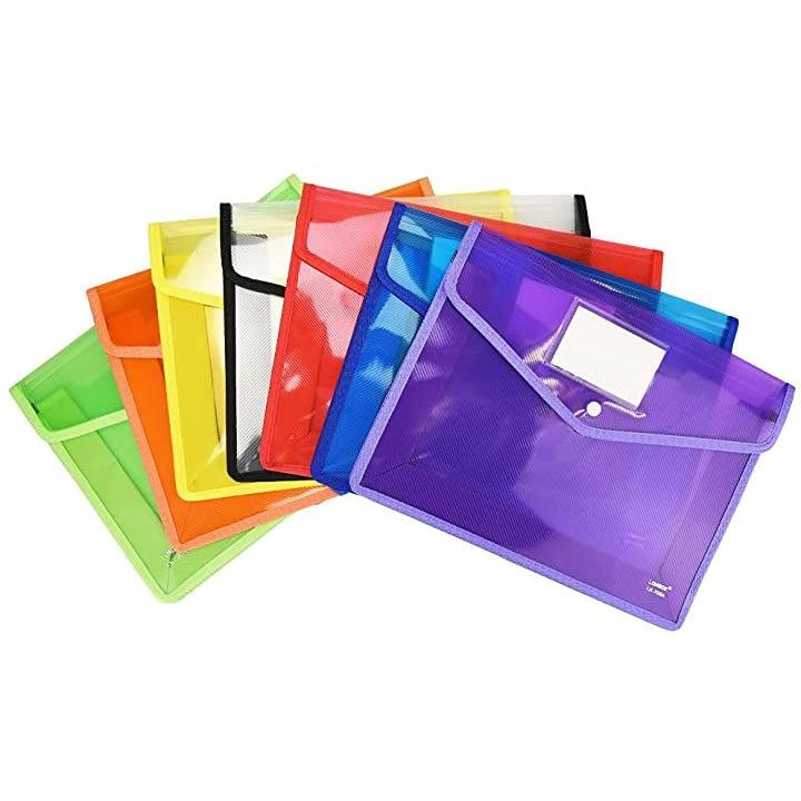 ファイルケース クリアファイル クリアポケット ファイル袋 A4 サイズ対応 大容量 ボタン式 防水 書類入れ カラフル (7色セット) ファイル・バインダー 