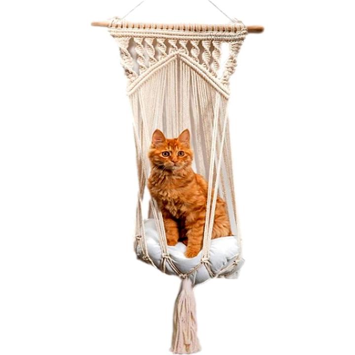 猫ハンモックベッド 吊り下げ式 壁掛け 大きいサイズ 木製 綿 糸編み