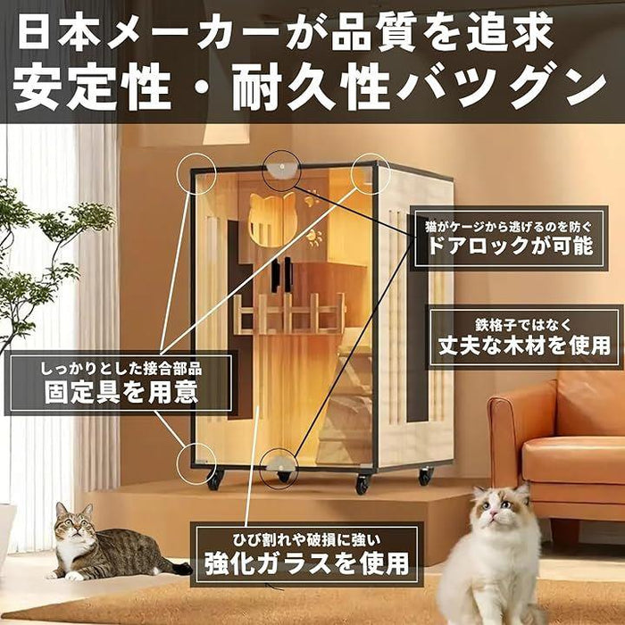 猫 ケージ 2段 木製 おしゃれ 小さめ 3階建て キャットヴィラ コンパクト 小型 窓付き ガラス扉 両開き ドア キャスター付き 組み立