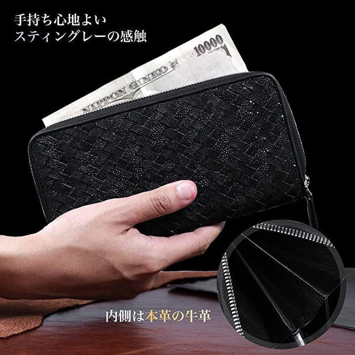 スティングレイ革 エイ革 編み込みラウンドファスナー長財布