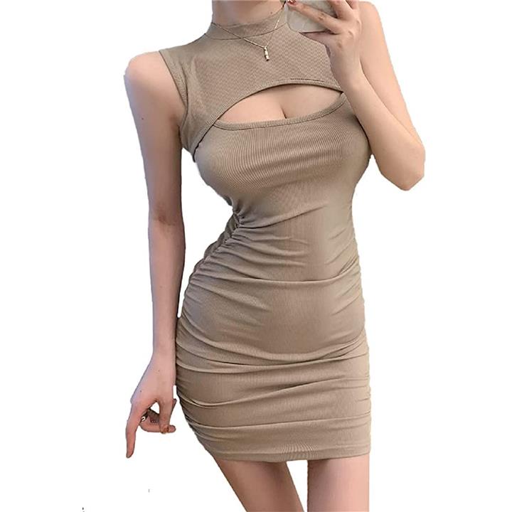 胸 あき セクシー ノースリーブ ミニ ワンピース タイト 胸元