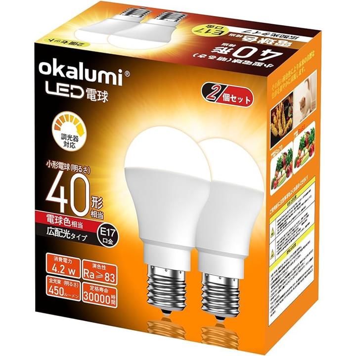 LED電球 調光器対応 E17口金 60W形相当 昼光色 750lm 密閉器具対応 広配光 小形電球タイプ ミニクリプトン電球 60形 2個