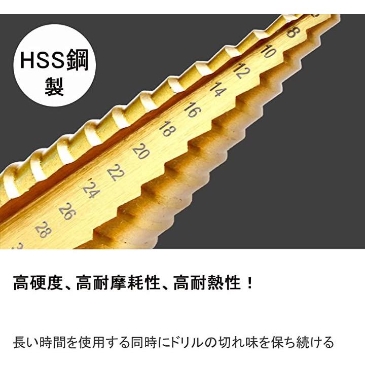 ステップドリル 3本 セット タケノコドリル HSS チタンコーティング