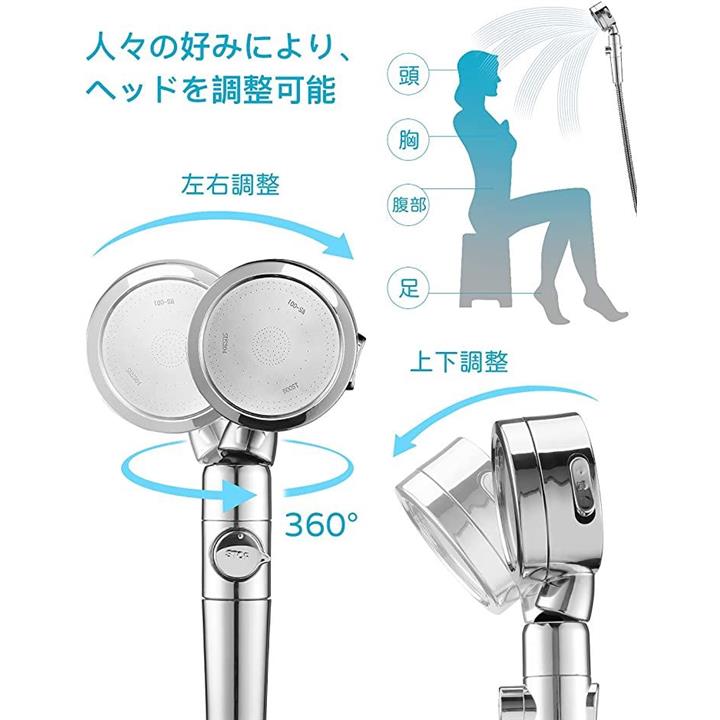 シャワーヘッド 浄水 節水シャワー 増圧 角度調整 手元止水 3段階モード 塩素除去 4xアダプター付 国際基準G1/2 日本語取説付 シル