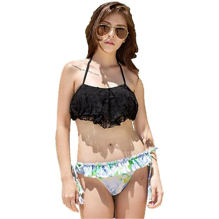 MA✽RS♡定番♡盛りブラパット入り♡水着♡セパレートビキニ♡ブラック×ピンク レディース 水着 セパレート柄 フリル ビキニ 2点セット