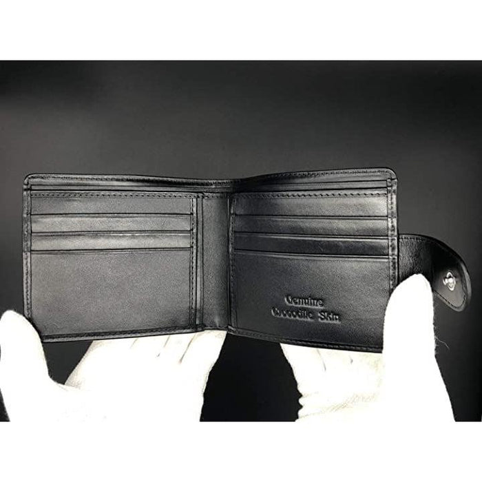 クロコダイル 二つ折り 財布 ボタン付き 黒 本革 ワニ革