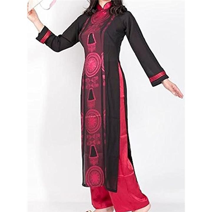 アオザイ ベトナム 民族 衣装 襟付き 長袖 レディース 黒