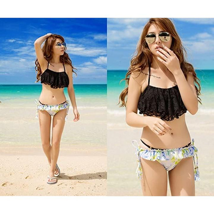 MA✽RS♡定番♡盛りブラパット入り♡水着♡セパレートビキニ♡ブラック×ピンク レディース 水着 セパレート柄 フリル ビキニ 2点セット