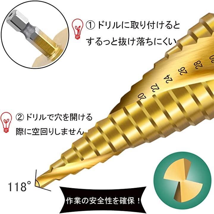 ステップドリル 3本 セット タケノコドリル HSS チタンコーティング